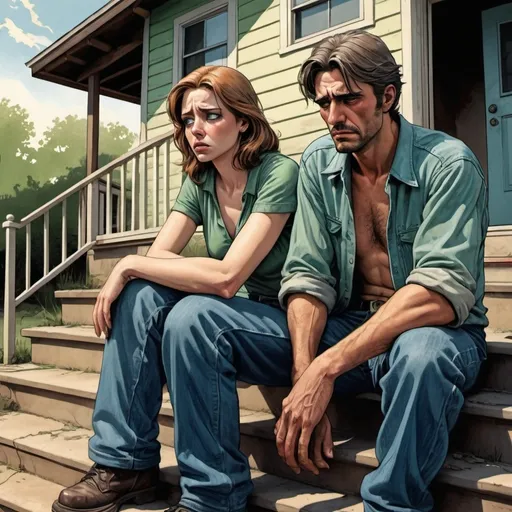 Prompt: (green-eyed man, blue-eyed woman) sitting on steps of their (foreclosure house), expressions of deep sorrow, gently weeping, casual outfits—denims and (short-shorts), (western comic book art style), dynamic comic book panel, (highly detailed), dramatic shadows, emotional ambiance, towed car in background, two men in jumpsuits carrying dresser, a sense of loss and despair, muted colors, textured ink stroke effects.