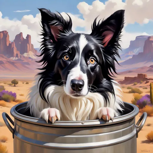 Prompt: <mymodel>Dungeons and Dragons fantasy art of a skinny, short-haired, pointy-eared, black and white border collie stuck in a metal milk can with only his head visible, detailed fur, Western saloon town, desert, magical dog kingdom in the distance, high quality, fantasy, detailed fur, magical, desert landscape, pointy ears, saloon town, point of focus, intricate details, majestic, distant kingdom, fantasy setting, atmospheric lighting