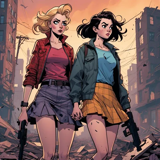 Prompt: <mymodel>(misc-dystopian style), dynamic duo Betty and Veronica, (similar to comic style), dressed in edgy miniskirts, fiercely posing with detailed assault rifles, (high tension) atmosphere, grim urban background with shattered structures, overcast sky, dark and muted color palette, (10-bit color depth), cinematic lighting, (4K ultra-detailed image).