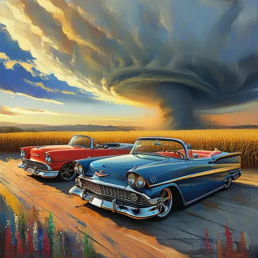 Prompt: (precise oil painting of a three New Mexico Lowrider cars)  (all different colors) parking lot.  1961 Plymouth, 1958 Ford Edsel, 1955 Chevy Bel-Air.  A typical lowrider car paint job is characterized by vibrant, often "candy" colors with a high gloss finish, intricate custom designs incorporating geometric patterns, murals, or religious symbols, heavy use of metallic flake, and meticulous pinstriping, all meticulously applied to create a visually striking and personalized "rolling artwork" aesthetic, often with a focus on smooth color transitions and fades across the car's body; the paint scheme is usually complemented by chrome accents and other custom details. (vibrant watercolor style), Four people, sitting in a (rustic vintage convertible car), (detailed expressions of excitement and fear), cornfields on either side of the open road, dynamic motion as the car speeds forward, looming (huge menacing tornado) in the distance, dramatic sky with swirling clouds, (highly textured details), atmospheric tension, warm golden and cool blue tones blending, (ultra-detailed), capturing a fleeting moment of imminent danger and adventure.