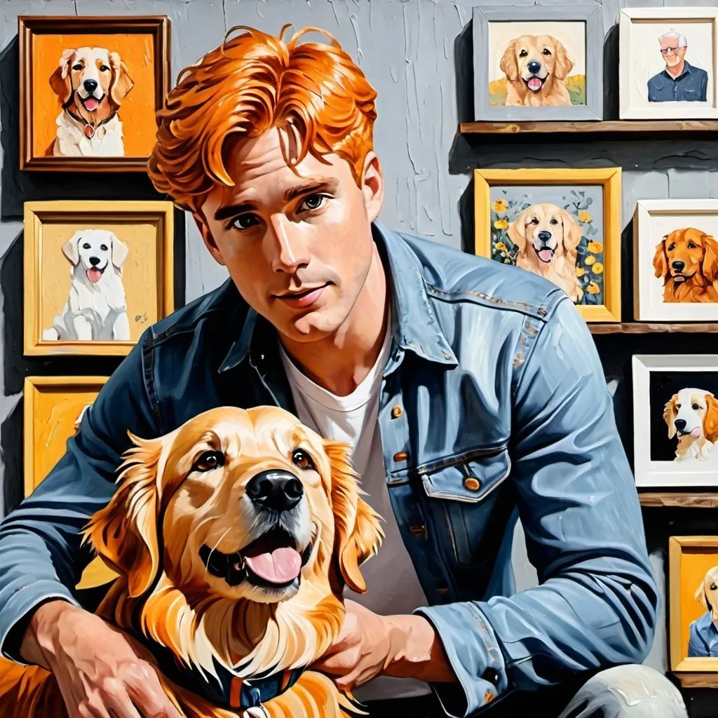 Prompt: Thick impasto oil painting of freckled blowout orange hair, gray haired man, gray eyes, denim, golden retriever dog by high shelf with vintage records, impasto, thick paint strokes, high quality, oil painting, vintage, floral, orange tones, gray eyes, detailed, textured, atmospheric lighting