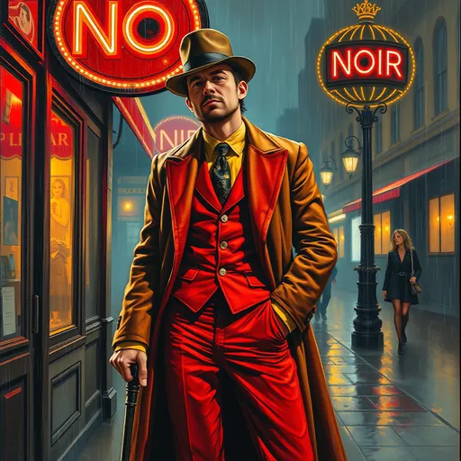 Prompt: "Full length full body thick impasto oil painting art by Robert Maguire , invent a tight red and yellow pimp suit, long brown coat, pimp hat, cane or walking stick, short 
 hair and beard Caucasian male protagonist, vibrant [N O I R] sign, character with noir bar neon street lamplights, rain snow, wanton women in distant background"