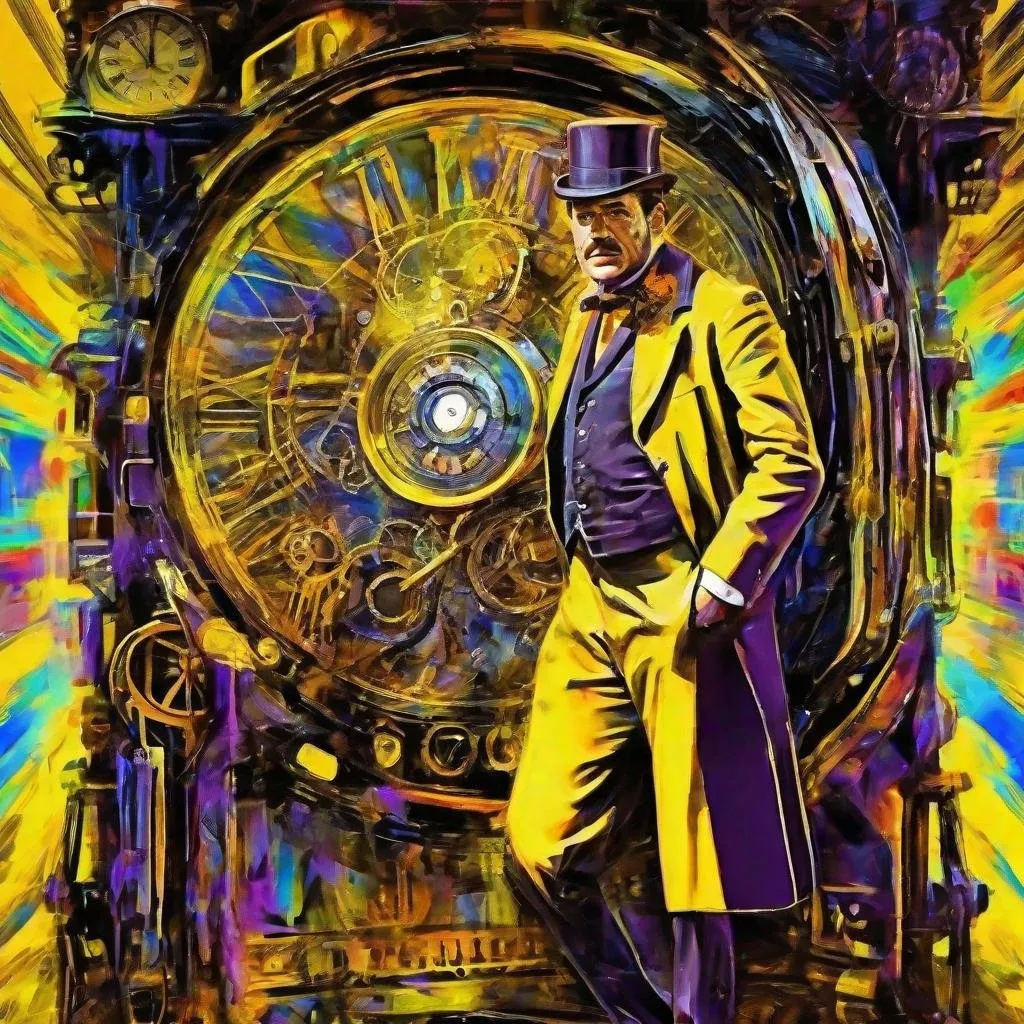 Prompt: , fauvism, bright colors expressive brushstrokes,  Time traveler and his Victorian Time Machine, in the style of 1960 movie the Time Machine starring rod taylor, high contrast, digital art, detailed metallic machine, vintage futuristic, mysterious atmosphere, professional quality, sci-fi, steampunk, metal, yellow  tones, dynamic lighting