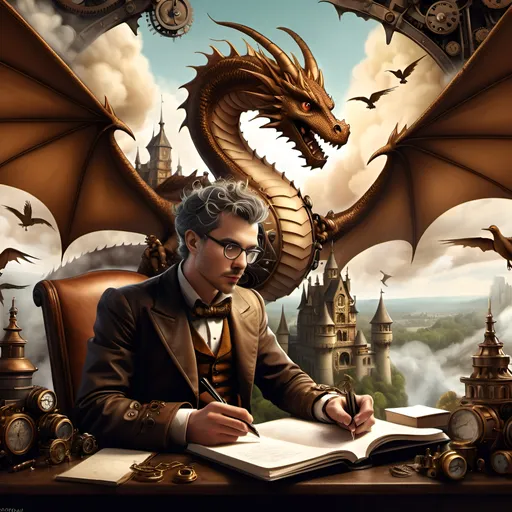 Prompt: (steampunk fantasy artwork), a man focused on writing in a notebook, (foreground detail), majestic dragon soaring above, (dramatic curls of steam), enchanted castle in the background, (whimsical atmosphere), flocks of birds in flight, intricate clockwork designs, rich earthy tones, warm and inviting light, storybook illustration style, (ultra-detailed, high-quality, HD).