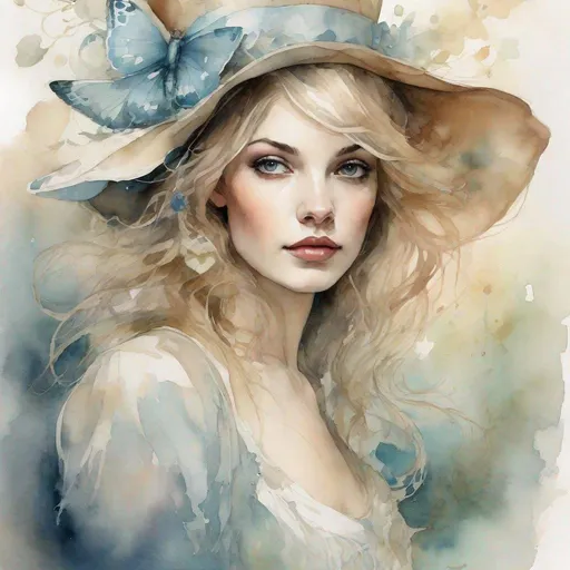 Prompt: Surreal, watercolor, Harrison Fisher style illustration of a slender 27-year-old Alice in Wonderland, curious expression, delicate features, flowing pastel tones, dreamlike atmosphere, ethereal, mixed media, highres, detailed, professional