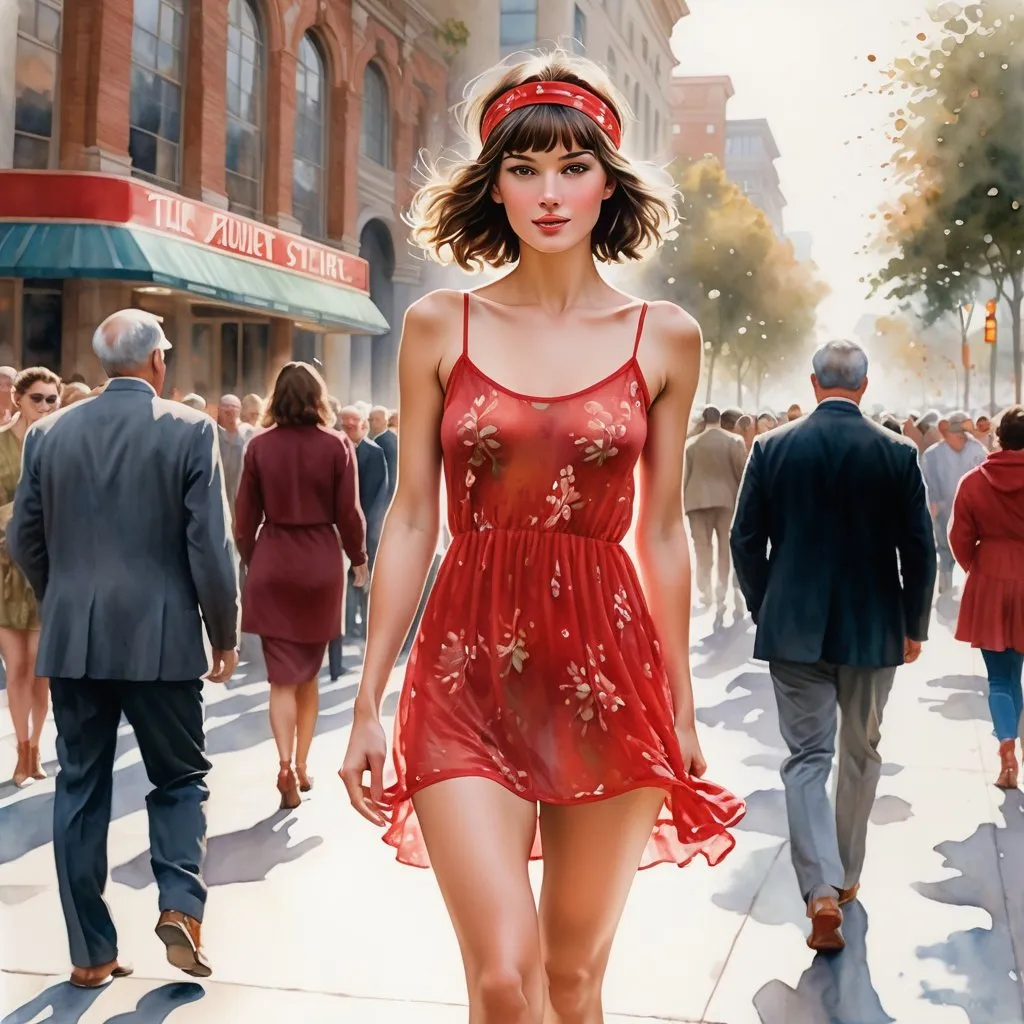 Prompt: Watercolor portrait of a leggy  brunette with bangs and headband , short strait hair woman in her 20s. She wears a lightweight very short leggy see through strong red  patterned minidress, stylish ankle boots sheer tights, walking in front of a crowd waiting in line for a movie. Steve Hanks style, ethereal watercolor, detailed facial features, flowing fabric, urban setting, delicate brush strokes, high quality, see-through, light and airy, ethereal, Steve Hanks style, detailed facial features, flowing fabric, urban setting, delicate brush strokes, high quality, ethereal watercolor, colorful, soft lighting