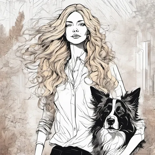Prompt: (ink sketch of a tall slender woman with very long blonde straight hair, 40s, casual clothing, and very skinny pointy eared McNab border collie) intricate line work, detailed rendering, delicate shading, monochrome color palette, elegant and refined atmosphere, simplified background with minimal (sketch) details, high contrast black and white, classic and timeless feel, artistic and stylish composition, ultra-detailed features, focus on textures and expression, **intricate detail**, 4K quality, **crisp lines**