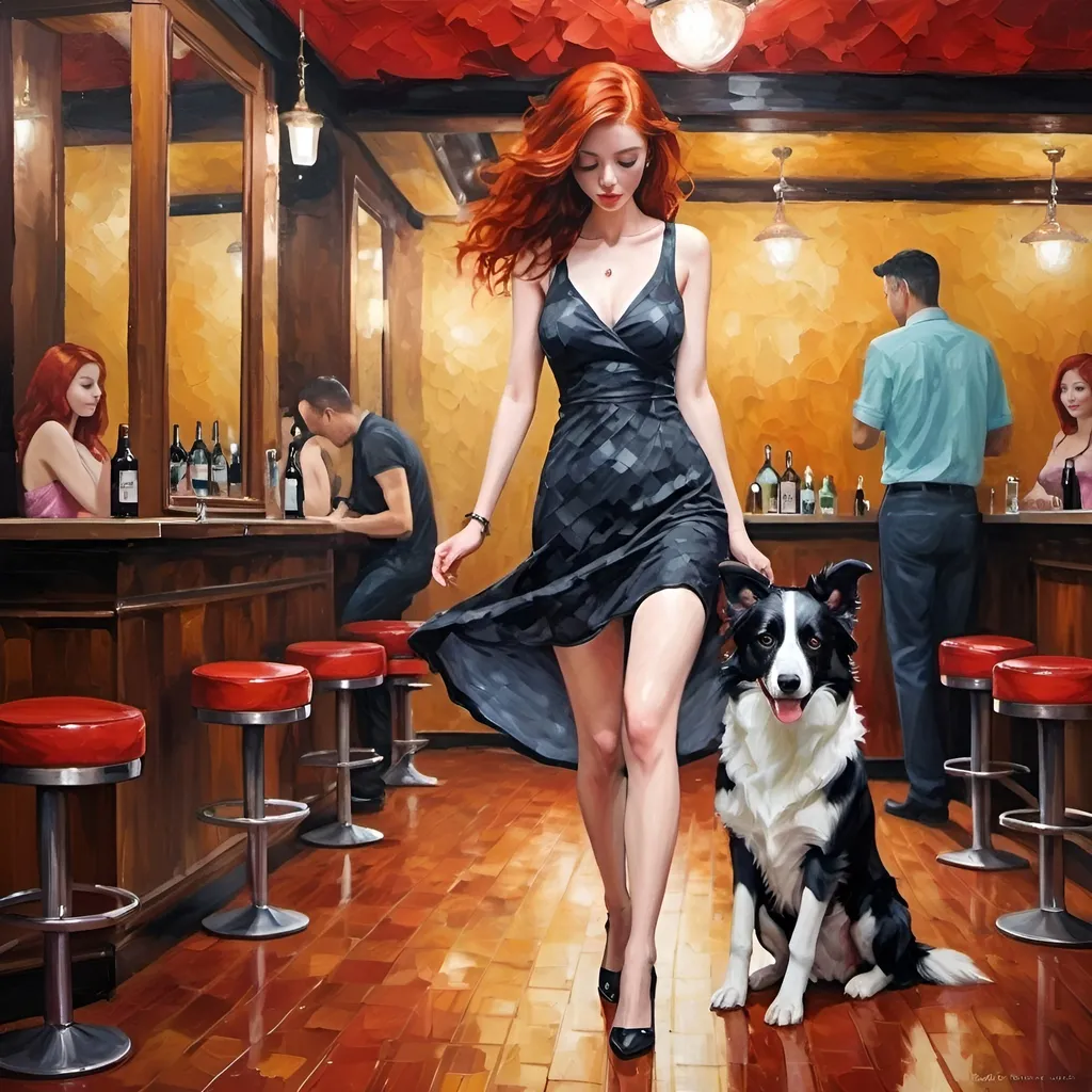 Prompt: <mymodel>heavy thick impasto oil painting red hair slender flirt nightclub, full body, downward perspective, summer dress, heels, border collie