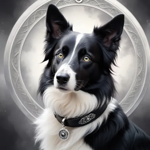 Prompt: (realistic portrait of a very pointy-eared black and white thin short-haired border collie), beautiful fantasy style, (silver tones) dominating the palette, detailed black collar featuring a silver circle and black dog paw design, captivating eyes radiating sweetness, worried expression, ethereal background with dreamlike ambiance, (Joyce Ballantyne style), evoking feelings of gravitas and admiration, masterfully crafted and ultra-detailed for high-quality visuals.