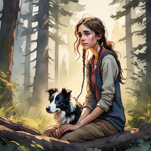 Prompt: <mymodel>Slender, pointy ears, border collie in action, watercolor, crying lost tree girl in forest, highres, detailed fur, emotional, watercolor painting, detailed eyes, forest setting, traditional art, emotional lighting