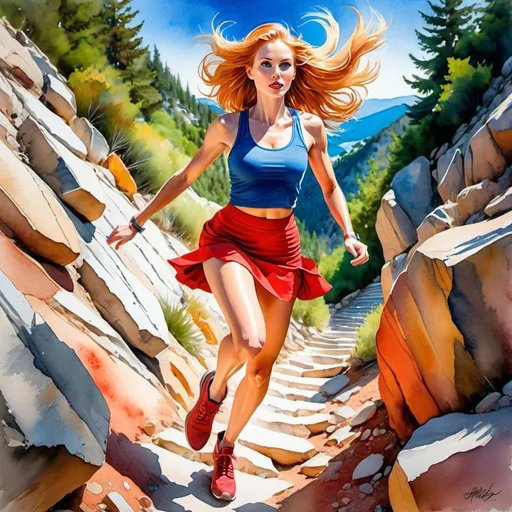 Prompt: UHD facial features, extreme action pose, mixed media artwork of a slender, beautiful, blue eyed long reddish-blonde hair woman, 30s, in a short tight red skirt and red tank top, pale legs, ankle boots, running up a steep rocky path, featuring colored pencils, color ink, watercolor, and gouache