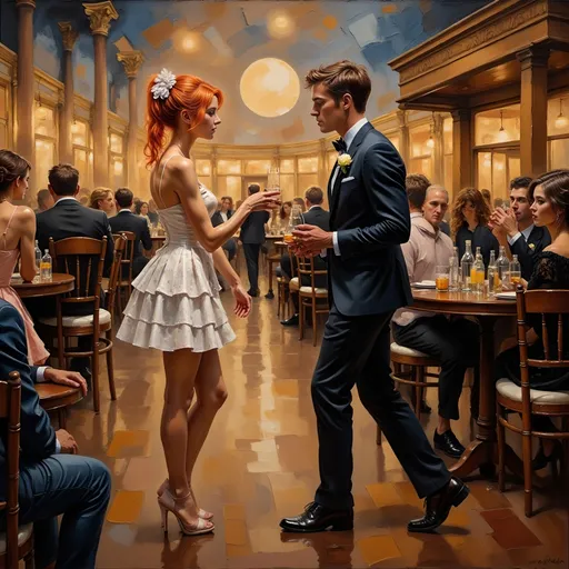 Prompt: (thick impasto oil painting), two people, (full length, full body), a shy man in a wedding suit, with (best man at his side) nervously gazing to his side at a flirtatious strawberry blonde woman in a (very short bride moment minidress), carrying a toucan instead of a bouquet , set in a (romantic nighttime wedding) ambiance, soft moonlight and twinkling stars illuminating the scene, elegantly draped chairs filled with guests, warm tones contrasting with the cool night, ambiance filled with excitement and anticipation, ultra-detailed.