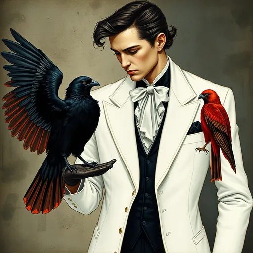 Prompt: a man in a white suit holding a black bird on her hand and a red falcon bird on her arm, Evaline Ness, gothic art, mystical, a storybook illustration