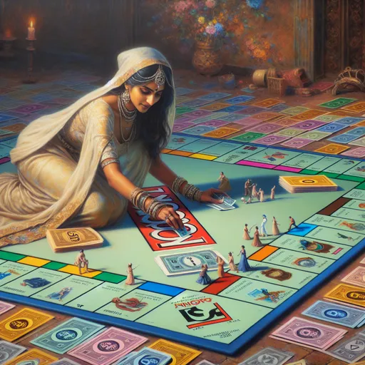 Prompt: (woman playing with a giant Monopoly board), intricate (details of Monopoly cards and pieces scattered on the ground), style of (Donato Giancola), (ultra-detailed oil painting), rich textures, dramatic lighting, a sense of playful nostalgia, elegant yet whimsical ambiance, showcasing vibrant colors against a beautifully crafted background, (fine art masterpiece).