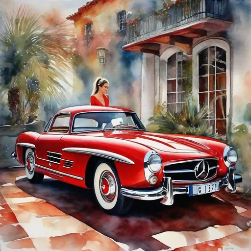 Prompt: Surreal, ethereal, dreamlike. Watercolor, gauche, mixed media, surreal,silver Mercedes gull wing car parked by ocean, woman in very short red and black miniskirt, sheer black tights, long braided silver ponytail tied with ribbons, classic car, surreal setting, dreamlike atmosphere, vibrant colors, detailed features, highres, artistic, elegant, natural lighting