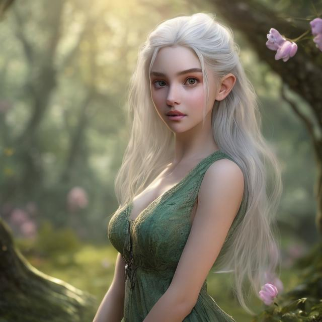 Prompt:  short, tight green dress woman, 22 years old, with  silver  hair, riding horse along path through forest. spring, blooming, sunrise, forest, sun light, light from behind, fields, flowers Ultra high definition,  very detailed face, amazing hair lips, big wide set eyes realistic picture, detailed,  style of Tolkien 