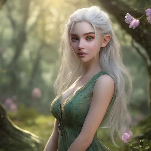 Prompt:  short, tight green dress woman, 22 years old, with  silver  hair, riding horse along path through forest. spring, blooming, sunrise, forest, sun light, light from behind, fields, flowers Ultra high definition,  very detailed face, amazing hair lips, big wide set eyes realistic picture, detailed,  style of Tolkien 