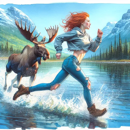 Prompt: watercolor painting of a woman (in profile) running being chased by a moose , (full body shot), (dynamic movement), woman splashing in a vibrant lake, (vibrant color scheme), stunning portrayal, beautiful slender figure, Scottish pale redhead, dressed in ragged tight jeans and a tight cropped sweatshirt, encapsulating joy and freedom, flowing water, sunlit ambiance, ultra-detailed, evoking a sense of adventure and vitality, reminiscent of Steve Hanks' style.