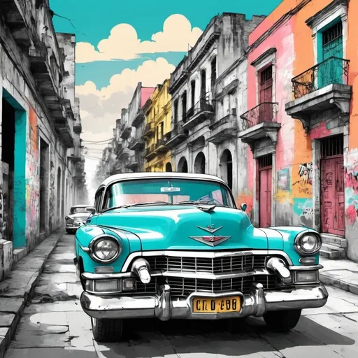 Prompt: Bright, vibrant illustration of Havana, Cuba, vintage 1950s Cadillac in the foreground, weathered brick wall with Fidel Castro poster in the background, detailed graffiti art, warm and sunny atmosphere, colorful and lively, retro art style, vibrant colors, detailed vintage car, urban street scene, high contrast lighting, artistic rendering, vintage, sunny, detailed wall texture, professional, high quality