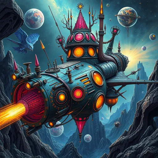 Prompt: art nouveau style spaceship, vibrant color scheme, intense design, bizarre and disturbing elements, unique surreal features, creativity unleashed from another universe, intricate patterns, otherworldly forms, dreamlike ambiance, colorful cosmic elements, high depth detail, captivating atmosphere, imaginative and abstract composition, striking visual contrast.