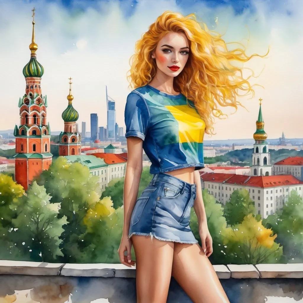 Prompt: Watercolor, gauche, mixed media, surreal. A beautiful slender 27 year old woman wearing a Ukraine flag shirt, standing. legs apart, looking to one side profile, at the Moscow skyline, curly green and yellow  hair cut, deep  eyes, very short denim miniskirt, pale skin, skin colored tights, leaves, springtime, symmetrical face, long necklace, slight freckles on face and slight imperfections on skin, high heels, Bright eyes with highlights, professional lighting, highly detailed photo, full body, 