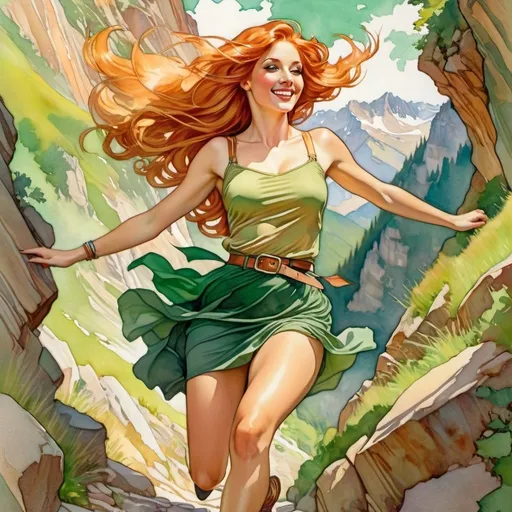 Prompt: UHD facial features, extreme action pose, mixed media artwork of an alluring, beautiful, smiling green eyed long reddish-blonde hair woman, 30s, in a short green skirt and gold top, pale legs, ankle boots, running up a steep rocky path, featuring colored pencils, color ink, watercolor, and gouache