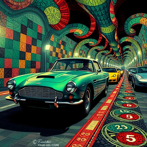 Prompt: (surrealism style), vibrant colors, (M.C. Escher-inspired) woman driving 1960s Aston Martin featuring intricate geometric patterns and mind-bending perspectives, dynamic shadows and highlights, creating an illusion of depth, captivating ambiance, (ultra-detailed), emphasizing the contrast of the corvette against the colorful and complex roadway design, whirling green colors and black colors and numbers, inviting viewers to explore.