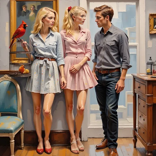 Prompt: "Full length full body thick impasto oil painting of two people by Robert Maguire , a shy man following a 25 year old blonde flirting woman in a short dress carrying a red cardinal bird in a cage.