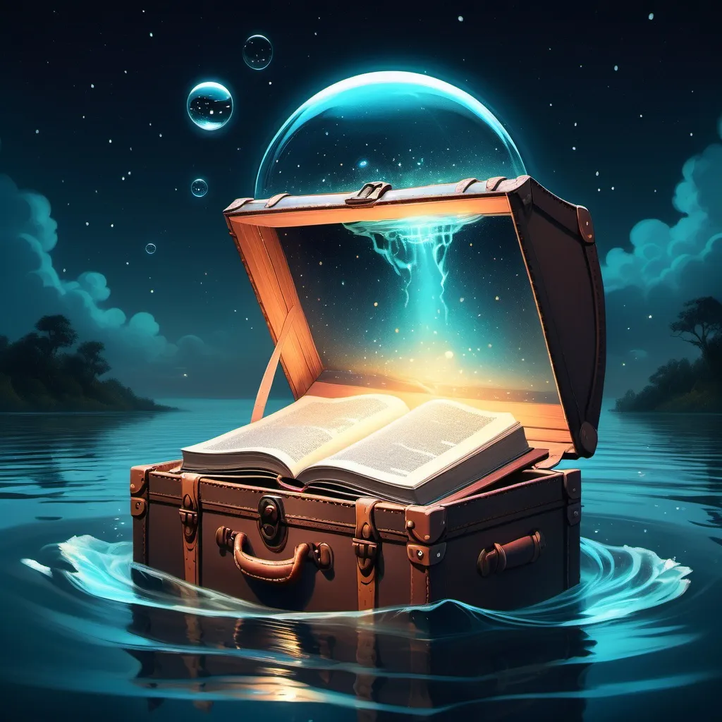 Prompt: an open steamer trunk with magical book in it. Floating in it in the water at night with a glowing orb in the sky, Cyril Rolando, magical realism, highly detailed digital painting, a detailed matte painting