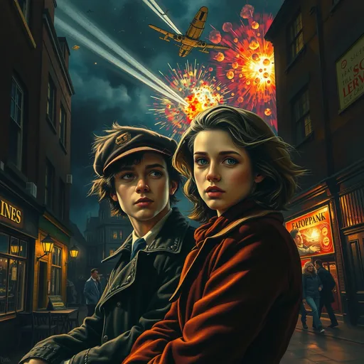 Prompt: (surrealism style mid waist portrait ), vibrant color scheme, (1941 London), shadowy streets at night, mid waist portrait of a young attractive messy haired couple (highly detailed facial features) outside a quaint pub, search lights streaking through a tumultuous sky, vivid explosions lighting the dark atmosphere, bombed and ruined structures surrounding the scene, (dramatic), chaotic ambiance, high contrast between shadow and colorful explosions, (ultra-detailed), evocative imagery, sense of urgency and dread.