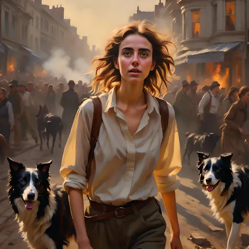 Prompt: <mymodel>Apocalyptic scene of a pointy ear dog following a crowd of running survivors in Victorian clothing, London landmarks destroyed, smoke and fire, detailed facial features, oil painting, desolate atmosphere, high quality, realistic, Victorian, post-apocalyptic, detailed clothing, smoky ambiance, destroyed landmarks, dramatic lighting, atmospheric, intense emotions, dynamic composition