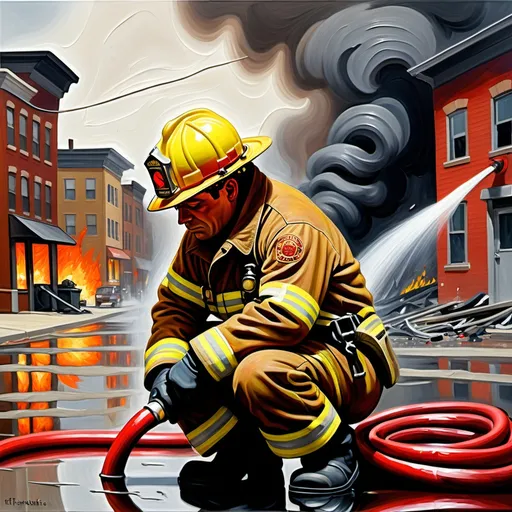 Prompt: thick impasto oil painting of a sad fireman slumped over his fire hose with burning buildings in background , thick bumpy paint strokes