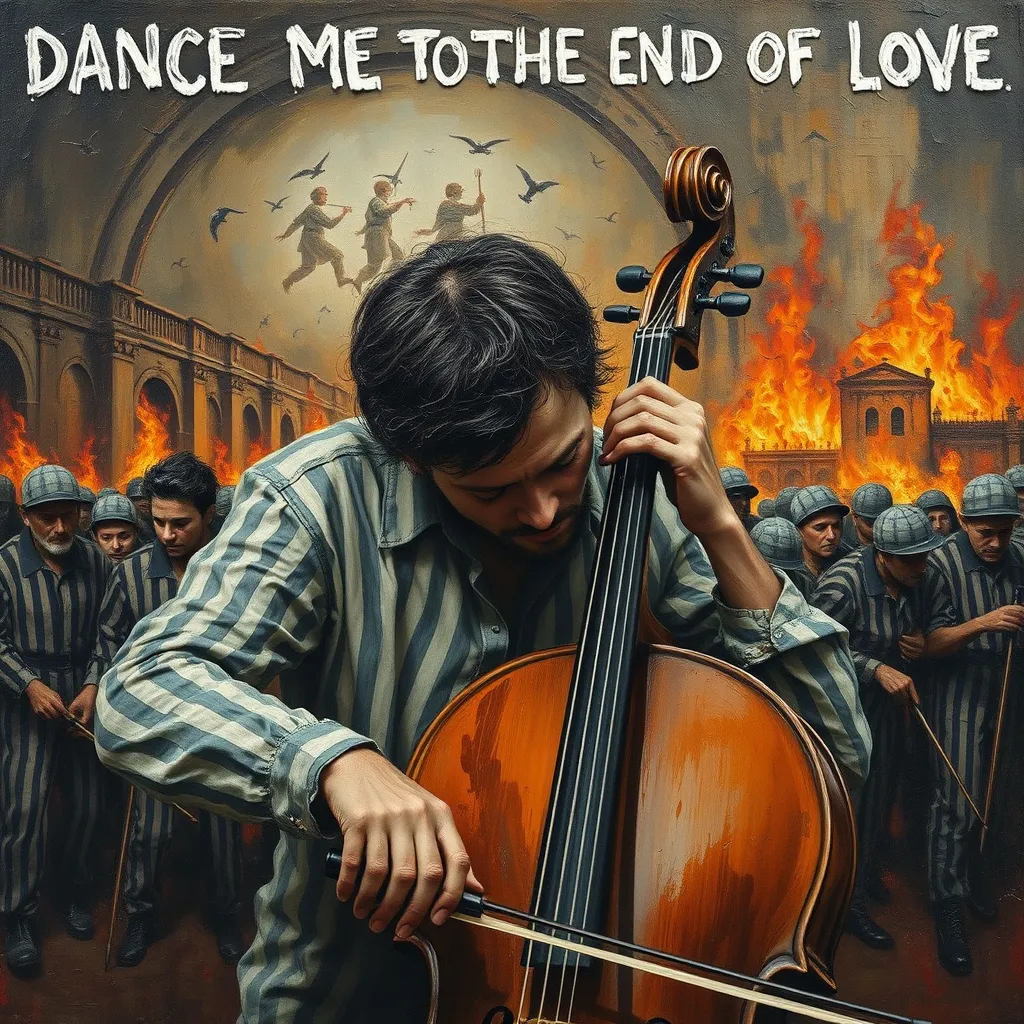 Prompt: thick impasto oil painting of a sad devastated emotional cello player slumped over instrument with a line of forlorn slumping male and female prisoners  in striped uniforms entering buildings on fire in background , thick bumpy paint strokes. Accurately spelled text above him reads: DANCE ME TO THE END OF LOVE