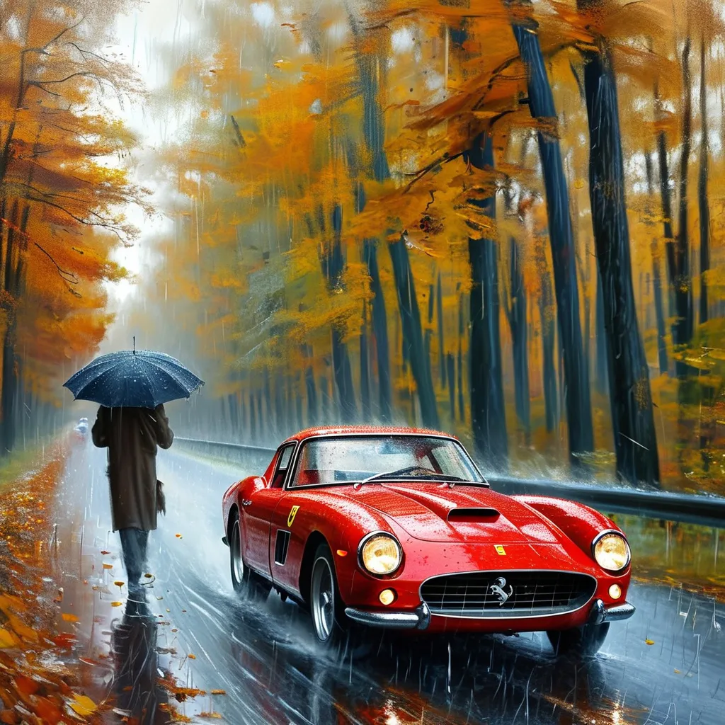 Prompt: a Ferrari 250 GT drives down a rain soaked road in the rain with a person holding an umbrella over it, Evgeny Lushpin, photorealism, extremely detailed oil painting, a photorealistic painting