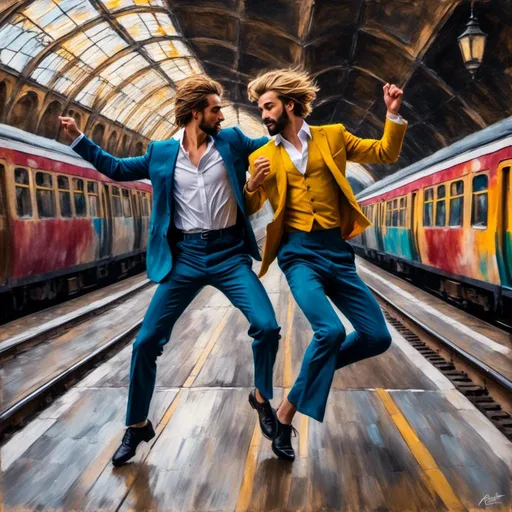 Prompt: <mymodel>Two men dancing 'ZORBA THE GREEK' on a deserted Florence train platform, different hair color, different heights, mixed media, colored pencils, colored ink, gouache, lively and energetic movements, cinematic quality, mixed media, vibrant colors, realistic yet painterly, detailed facial expressions, dynamic and passionate, warm and inviting lighting, Italian culture, lively atmosphere, evocative storytelling