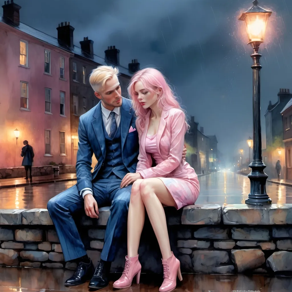 Prompt: Blonde-pink hair Scottish pale complexion, mature woman, 30, with man in blue suit and hat, sitting on a stone wall, perfect legs, wearing a pink pastel translucent minidress and ankle boots, hair and clothing soaked wet with rain, purse, cellphone on, illuminated by streetlights at night, heavy rain and mist, watercolor mixed with ink drawing, vibe in the style of Steve Hanks, atmospheric and moody, soft and delicate color tones, nighttime ambiance, stone New England bridge, broken down car in the background with its hood up, ultra-detailed, high quality, cinematic masterpiece