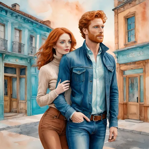 Prompt: Colored pencils, mixed media, gouache, watercolor, ink. Pastel tones. A man and a woman. Full body shot. Man is tall, 45. Woman is  beautiful ginger haired with freckles. wavy hair, raw photo. Look at each other with love. Aged rundown movie house in background.  Slender small-waist long legs, two bright blue eyes, three quarter profile, embracing man near people in movie line.  She wears very tight jeans with turtleneck,  natural textured skin, high-quality, detailed, realistic, , atmospheric lighting, movie patrons in background, leggy