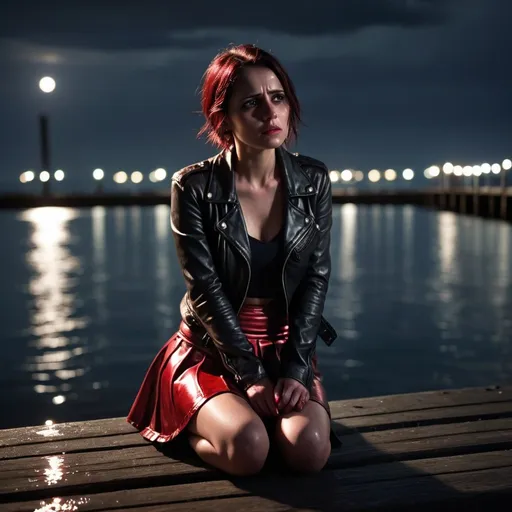 Prompt: Woman, 30s, suicidal, moonlit, night, wearing very short metallic red skirt and dark leather jacket with red trim, sits on edge of jetty, intense sadness, tearful emotions, high quality, dark and gritty, realistic style, moody lighting, high contrast, water setting, detailed facial expression, dramatic pose, jetty lights casting a somber glow, intense emotions, realistic, water reflections, detailed facial expression, highres, moody lighting, dramatic pose