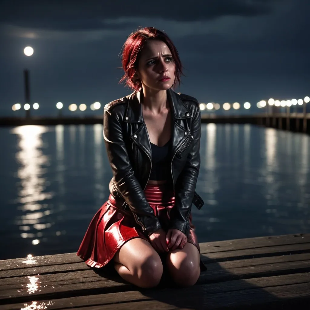 Prompt: Woman, 30s, suicidal, moonlit, night, wearing very short metallic red skirt and dark leather jacket with red trim, sits on edge of jetty, intense sadness, tearful emotions, high quality, dark and gritty, realistic style, moody lighting, high contrast, water setting, detailed facial expression, dramatic pose, jetty lights casting a somber glow, intense emotions, realistic, water reflections, detailed facial expression, highres, moody lighting, dramatic pose