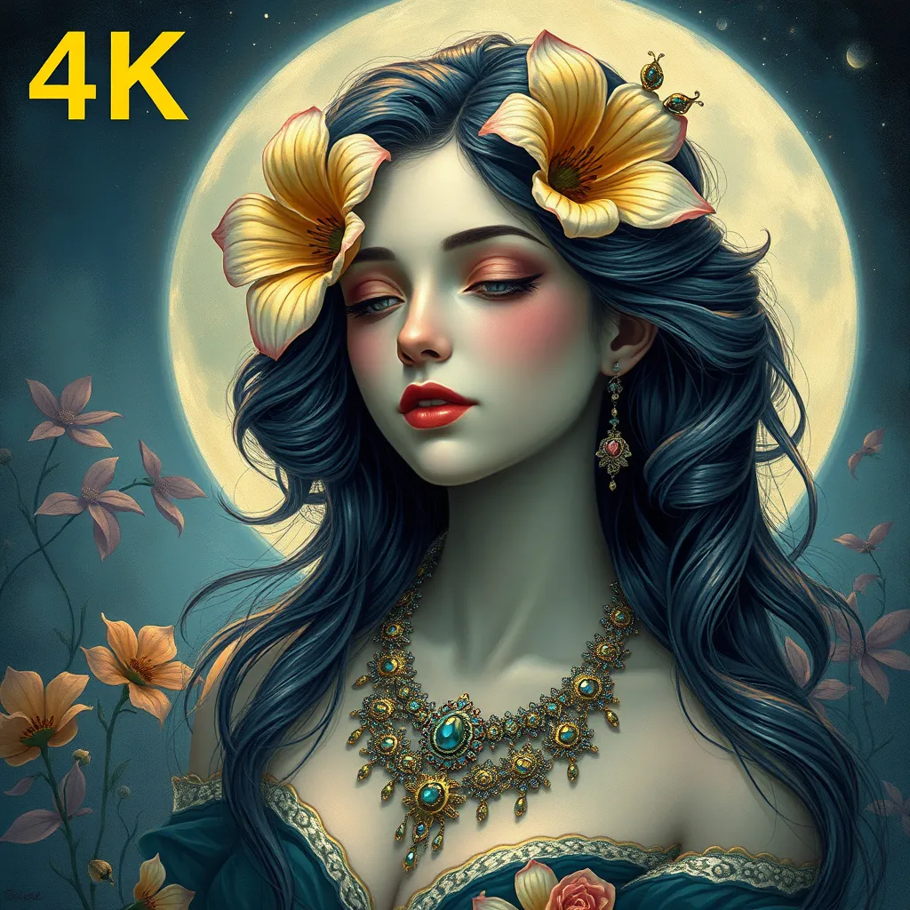 Prompt: (woman with a flower in her hair), (necklace around her neck), (moon in the background), (fantasy art), (highly detailed), (art deco painting), enchanting colors, lush textures, intricate designs, dreamy atmosphere, magical lighting, ethereal glow, 4K quality, rich detail, whimsical feel, captivating composition.