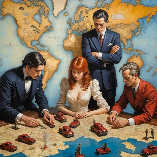 Prompt: (two men and two women) playing with a toy soldiers which sit upon a World War Map), intricate (details of toy cannons and horses pieces scattered on the map), style of ( milo manara), (artgerm lau) (ultra-detailed oil painting), rich textures, dramatic lighting, a sense of playful nostalgia, elegant yet whimsical ambiance, showcasing vibrant colors against a beautifully crafted background, (fine art masterpiece).