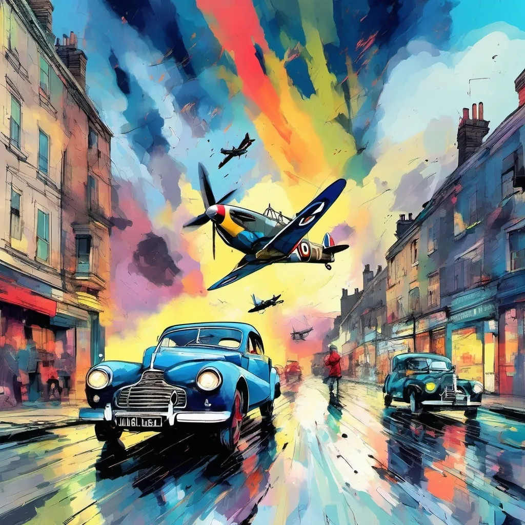 Prompt: Watercolor, gauche, mixed media,  surreal, third person gameplay, (British man), blond hair, pale skin, hazel eyes, (running motion), bombed neighborhood, rainy streets of 1940s London at night, (bright colors), (blue atmosphere), cartoony style, (vivid details), intricate painting of the Blitz (spitfire fighters in sky) (explosions), (dynamic action), dramatic lighting, ultra-detailed, engaging composition, emotionally evocative scene.