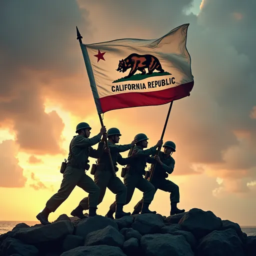 Prompt: Four soldiers (heroic stance), rigorously lifting the California flag, accurate lettering on flag reads “ CALIFORNIA REPUBLIC”World War II, Iwo Jima iconic background, tense atmosphere, dramatic clouds casting shadows, vibrant colors highlighting the flag, realistic details on soldiers' uniforms and expressions showing determination, intense dedication, historical significance, ultra-detailed, high-quality 4K image.