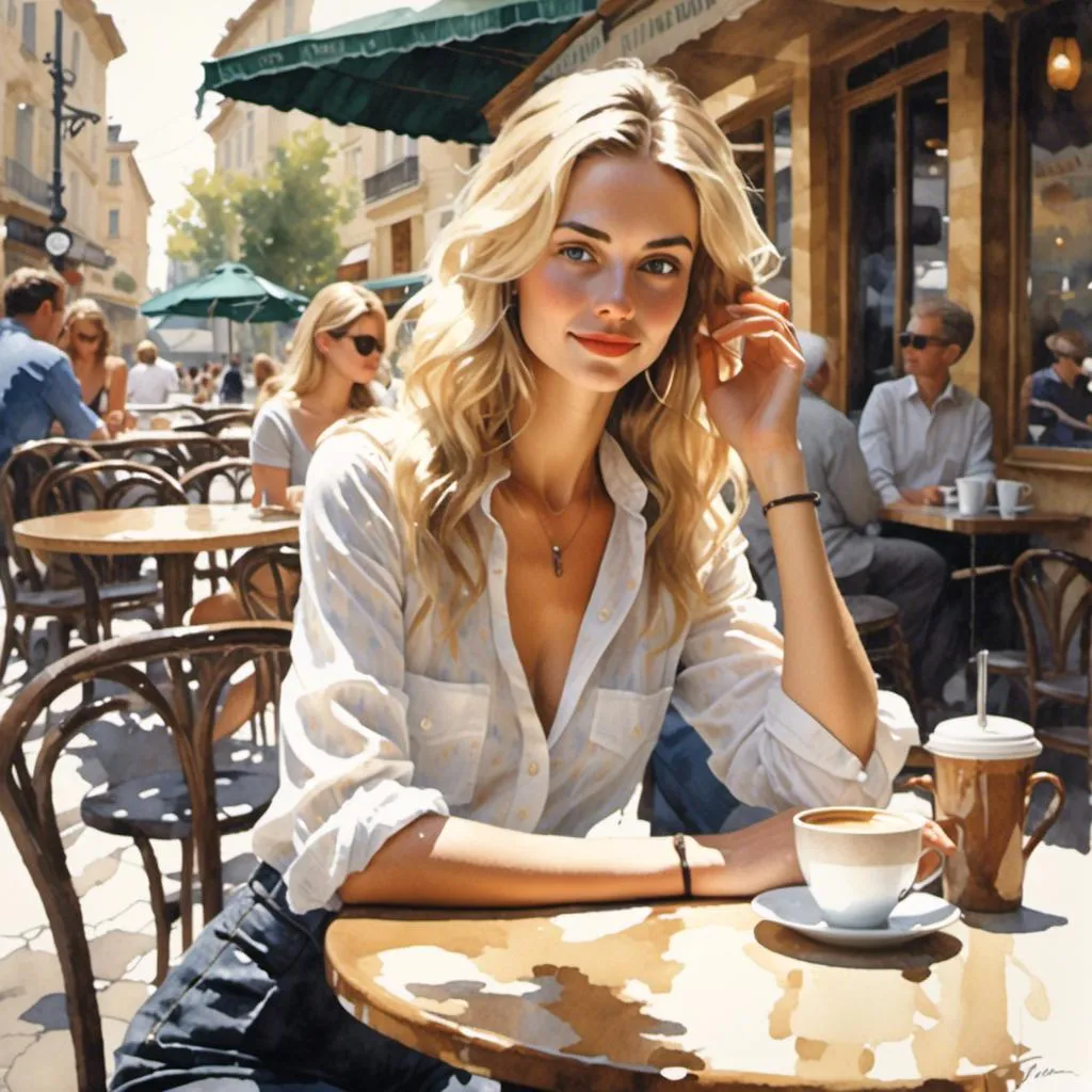 Prompt: <mymodel> Watercolor blonde woman at a French cafe with her legs crossed. Drinking coffee. Portrait in the style of Steve Hanks