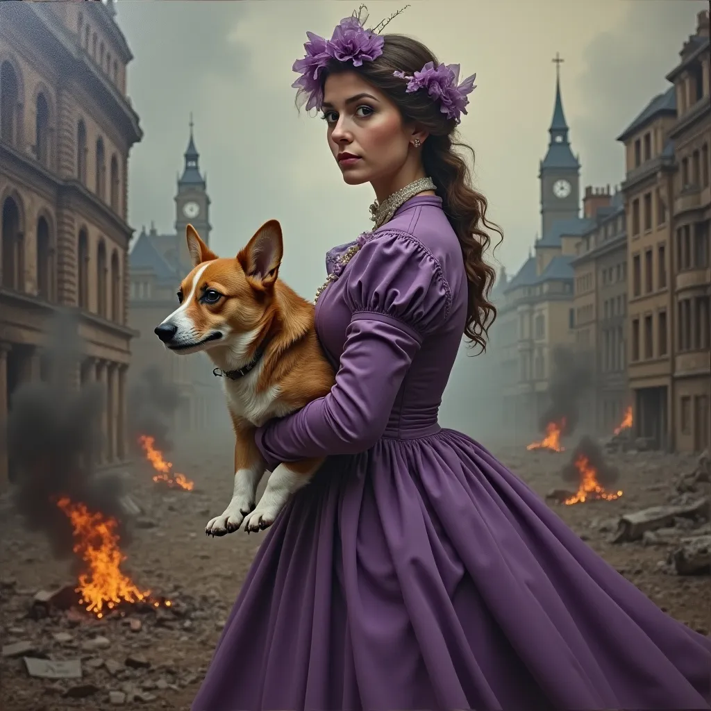 Prompt: <mymodel>Apocalyptic scene of a female survivor in purple Victorian dress which has been torn (so as to look like a minidress), and her Corgi dog. London landmarks destroyed, smoke and fire, detailed facial features, oil painting, desolate atmosphere, high quality, realistic, Victorian, post-apocalyptic, detailed clothing, smoky ambiance, destroyed landmarks, dramatic lighting, atmospheric, intense emotions, dynamic composition