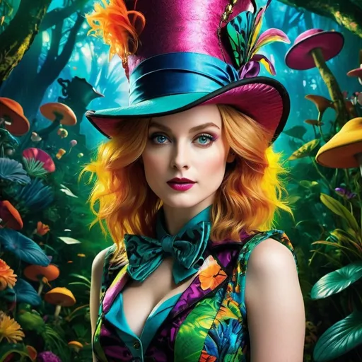 Prompt: <mymodel>Psychedelic portrayal of Evan Rachel Wood in a tight minidress, with the Mad Hatter from Alice in Wonderland, vibrant jungle backdrop, concert poster vibes, mind-bending art trick, high resolution, vibrant colors, surrealistic, detailed facial features, trippy visual effects, colorful lighting, psychedelic, jungle setting, concert poster style, detailed expression, professional, vibrant lighting, Mad Hatter from Alice in wonderland 