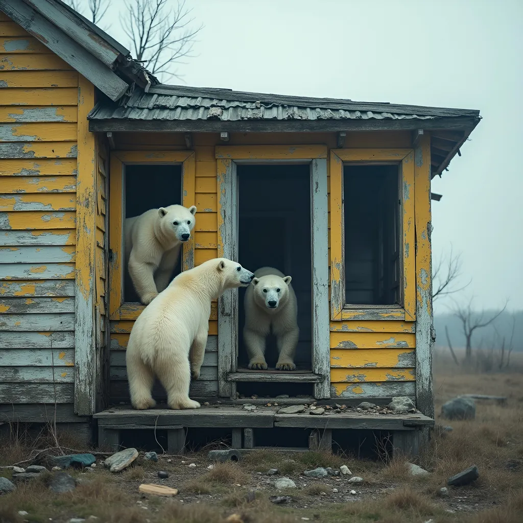 Prompt: Amidst the remnants of a dilapidated wooden house, two polar bears capture attention—their striking white fur contrasting sharply with the weathered, multicolored exterior of the structure, where peeling yellow paint and rotting wood tell a story of abandonment. One bear leans from a broken window, its curious gaze peering out into the desolate surroundings, while the other stands at the entrance, poised and alert, as if surveying its domain. The scene, shrouded in a somber atmosphere, depicts the intersection of nature and decay, illuminated by soft, diffused light typical of an overcast day, emphasizing the bleakness of both the environment and the bears’ presence amidst human neglect. A crumbling porch and scattered debris complete the visual narrative, evoking feelings of desolation while hinting at a world where wildlife encroaches upon forgotten human spaces.