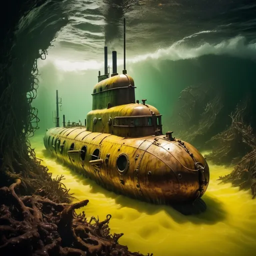 Prompt: WW2 submarine half-submerged in a sea of yellow, brown, and green. Ocean chaos, huge waves, wild wind, ocean spray. detailed submarine metalwork, highres, surreal, steampunk, rustic color tones, detailed water, atmospheric lighting