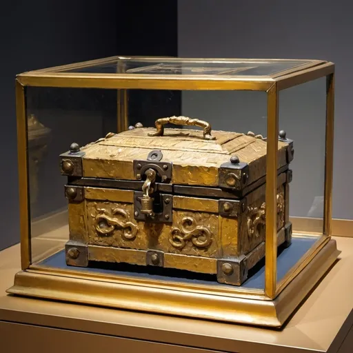 Prompt: Museum gallery. Paintings, sculptures, thick impasto oil painting of a mythical box, thick bumpy paint strokes, mysterious box mechanism, small golden metal box with three number lock, sitting in glass case at British museum.