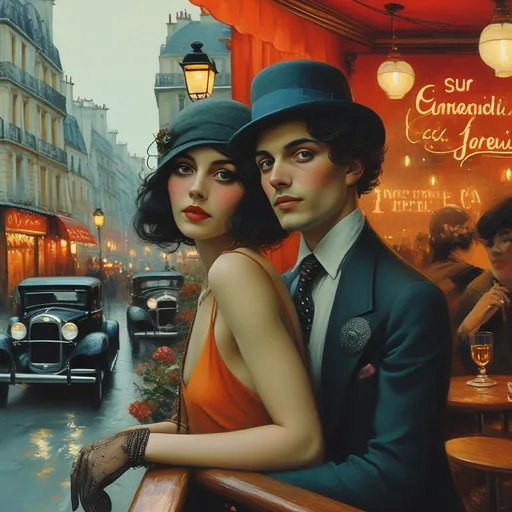 Prompt: (surrealism style portrait), vibrant color scheme, enchanting (1922 Paris) scene, shadowy streets at night, alluring jazz club glowing in the distance, elegantly dressed people in the background, fluttering French flag, sleek vintage car parked nearby, captivating portrait of a woman and man on a balcony, highly detailed facial features, relaxing outside a charming café, moody atmosphere filled with jazz music. 4K, ultra-detailed.